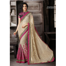 Stunning Cream Colored Sequins Worked Chiffon Net Saree 